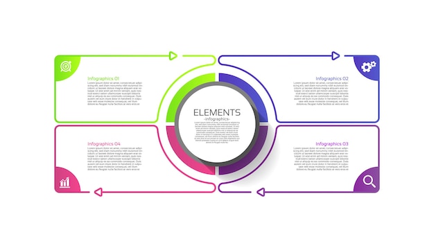 Cerchio del modello di elementi infografici piatti colorato con quattro fasi