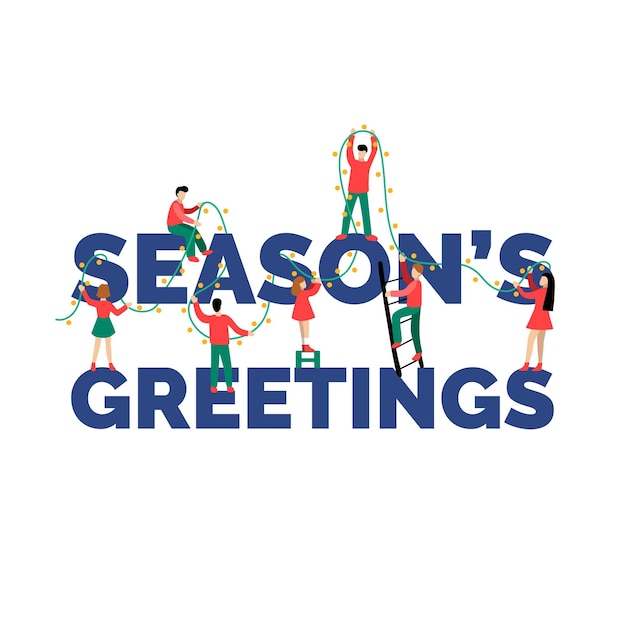 Плоская инфографика людей, украшающих надпись Seasons Greetings гирляндой Рождественская иллюстрация