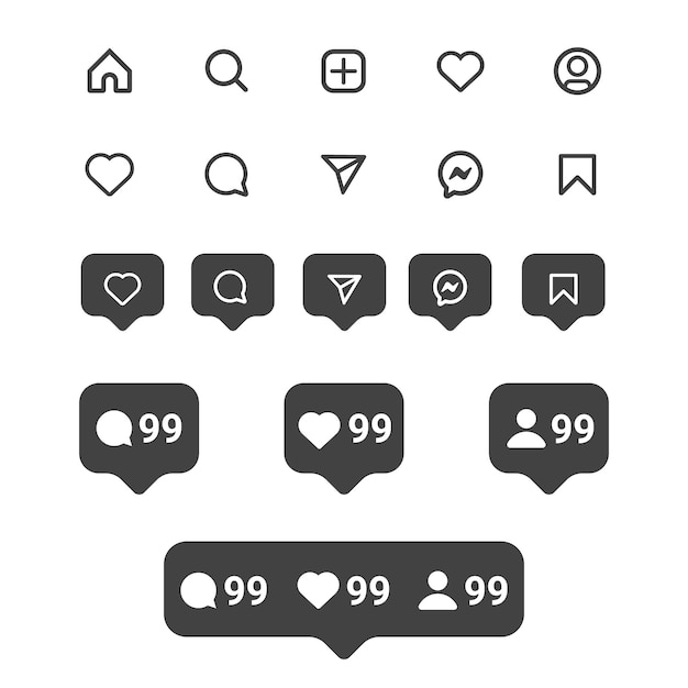 Vector flat instagram icons and notifications set in black color