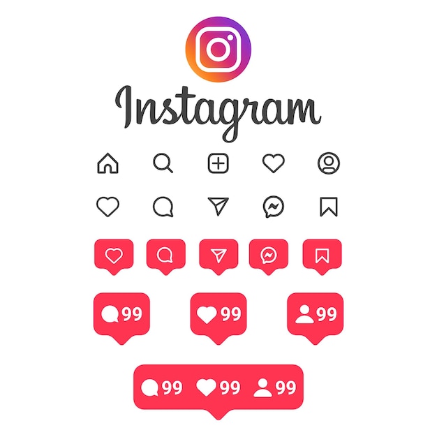 Vettore icone instagram piatte e notifiche impostate con logo