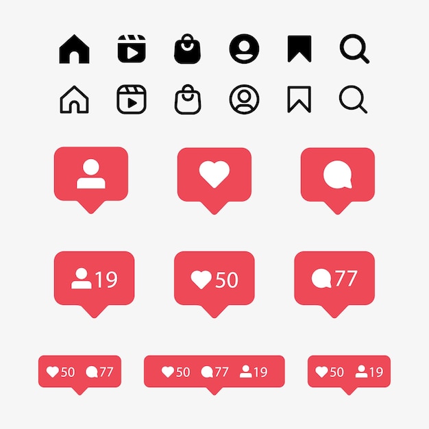 Icone piatte di instagram con l'icona di notifica dei social media nei fumetti come follower dei commenti