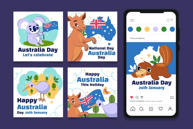 Vector flat instagram posts collectie voor de australische nationale dag viering