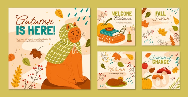 Flat instagram posts collection for autumn celebration