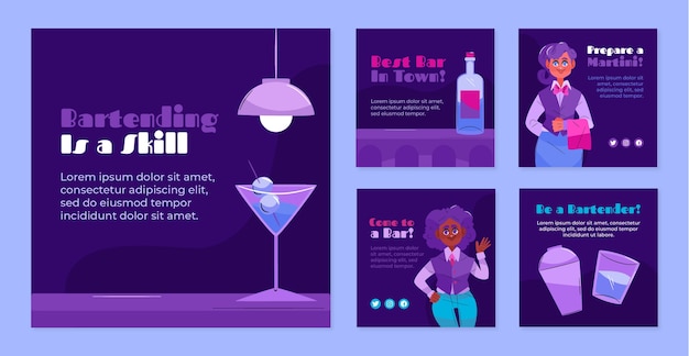 Vector flat instagram posts collection for barman profession