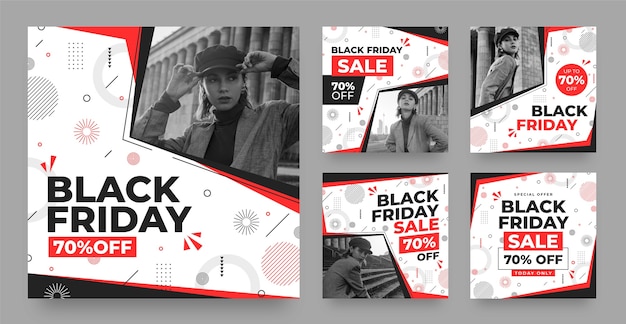 Vettore raccolta di post piatti su instagram per le vendite del black friday