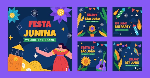 Vettore collezione di post flat su instagram per la celebrazione brasiliana delle festas juninas