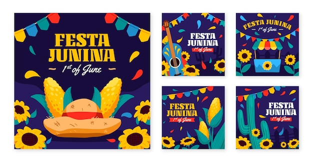 Vector flat instagram posts collection for brazilian festas juninas festivities