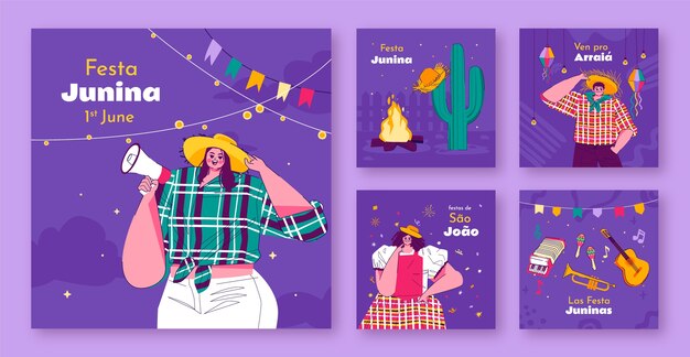 Vector flat instagram posts collection for brazilian festas juninas festivities