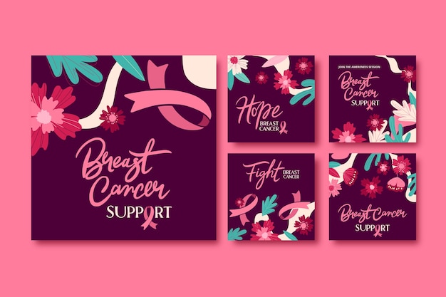 Flat instagram posts collection for breast cancer awareness month