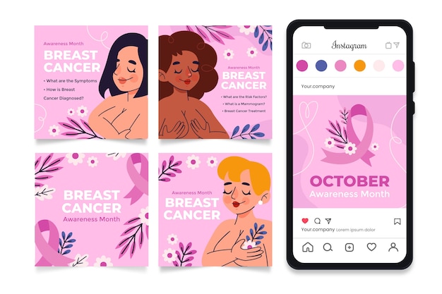 Flat instagram posts collection for breast cancer awareness month