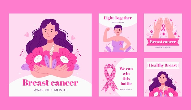 Flat instagram posts collection for breast cancer awareness month