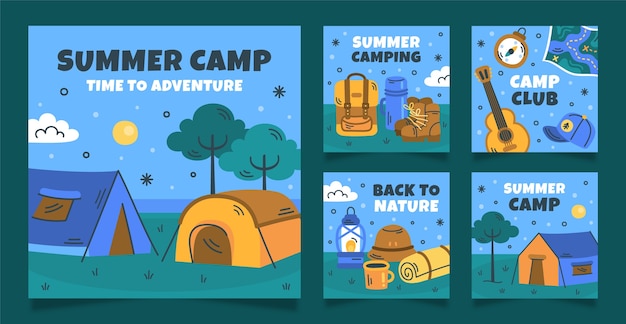 Vector flat instagram posts collection for camping adventure