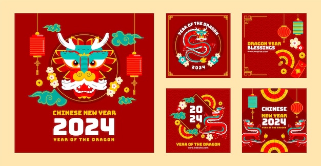 Flat instagram posts collection for chinese new year festival