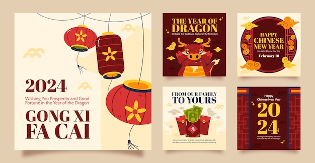 Vector flat instagram posts collection for chinese new year festival
