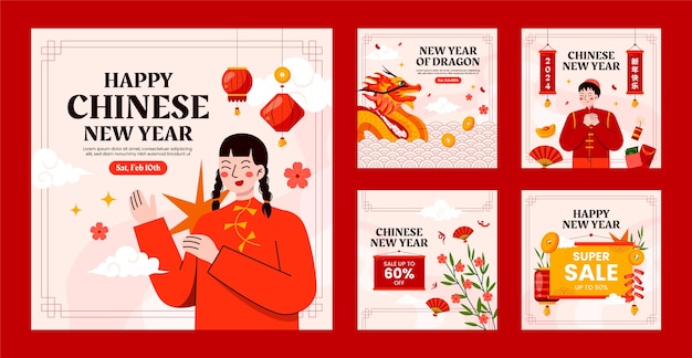 Flat instagram posts collection for chinese new year festival