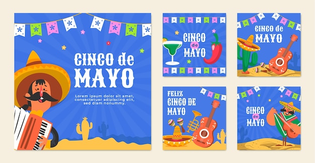 Vector flat instagram posts collection for cinco de mayo celebration