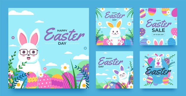 Vector flat instagram posts collection for easter celebration