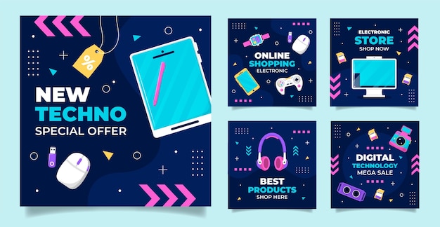 Vector flat instagram posts collection for electronics business store