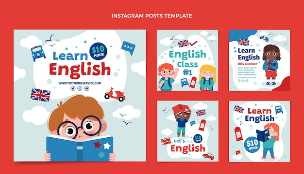 Vector flat instagram posts collection for english learning lessons