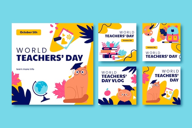 Вектор Флатная коллекция постов в instagram для празднования всемирного дня учителя