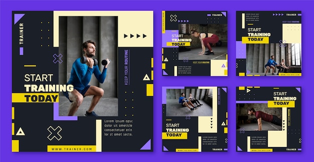 Vector flat instagram posts collection for gym and exercise