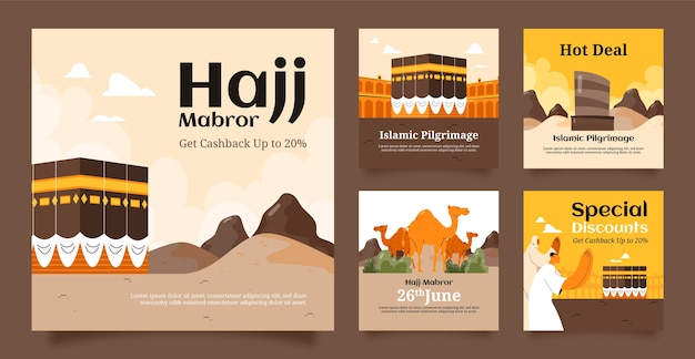 Flat instagram posts collection for hajj religious pilgrimage