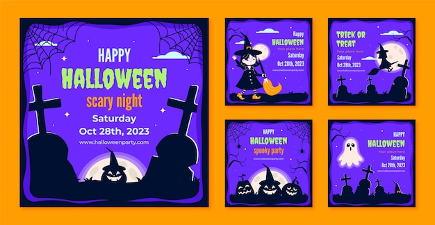 Flat instagram posts collection for halloween celebration