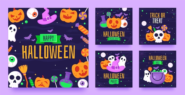 Flat instagram posts collection for halloween celebration