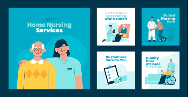 Flat instagram posts collection for home nursing for elders