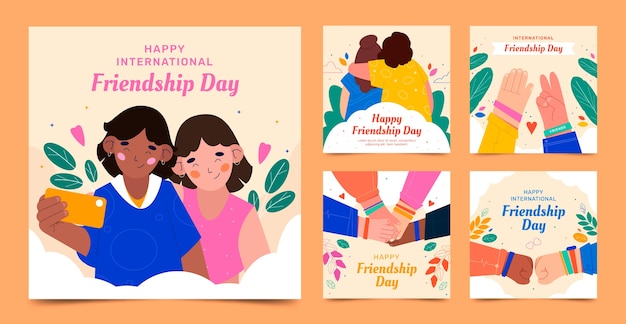 Flat instagram posts collection for international friendship day celebration