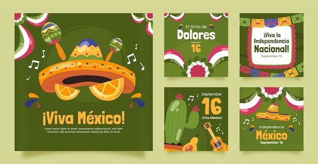 Flat instagram posts collection for mexico independence day celebration