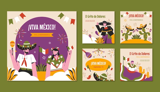 Vector flat instagram posts collection for mexico independence day celebration