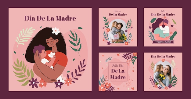 Flat instagram posts collection for mothers day celebration in spanish