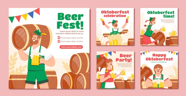 Vector flat instagram posts collection for oktoberfest festival