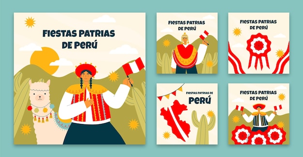 Vector flat instagram posts collection for peruvian fiestas patrias celebrations