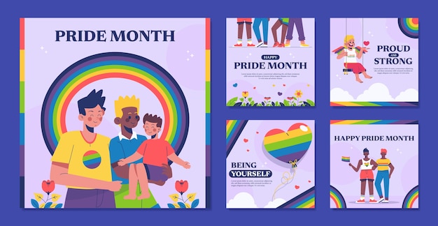 Vector flat instagram posts collection for pride month celebrations