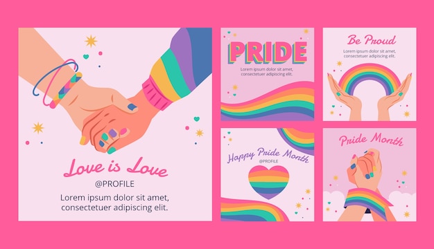 Flat instagram posts collection for pride month celebrations