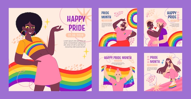 Flat instagram posts collection for pride month celebrations