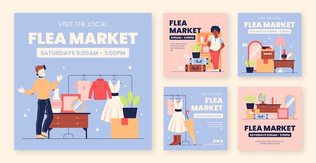 Vector flat instagram posts collection for second-hand flea market event