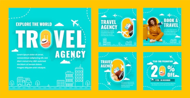 Flat instagram posts collection for travel agency