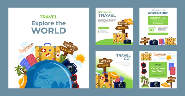 Vector flat instagram posts collection for travel agency