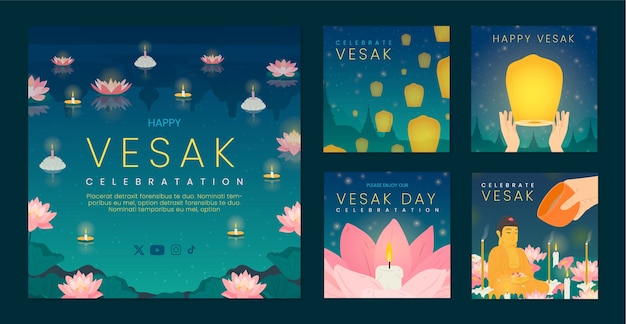 Плоская коллекция постов в Instagram для празднования фестиваля Весак