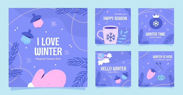 Vector flat instagram posts collection for winter