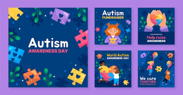 Vector flat instagram posts collection for world autism awareness day