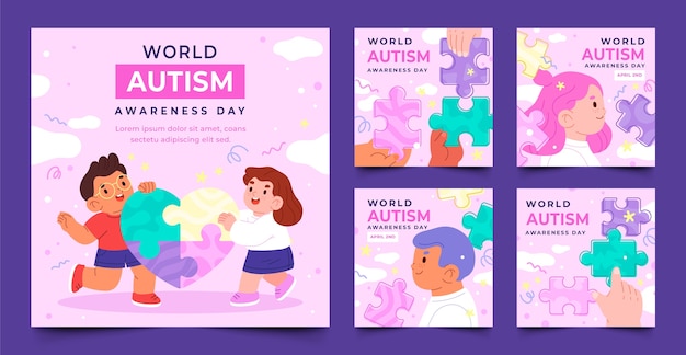 Vettore collezione di post flat su instagram per la giornata mondiale della consapevolezza dell'autismo