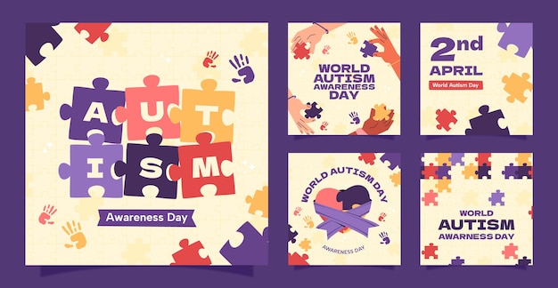 Vector flat instagram posts collection for world autism awareness day