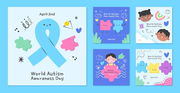 Flat instagram posts collection for world autism awareness day