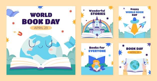 Плоская коллекция постов в instagram для празднования всемирного дня книги