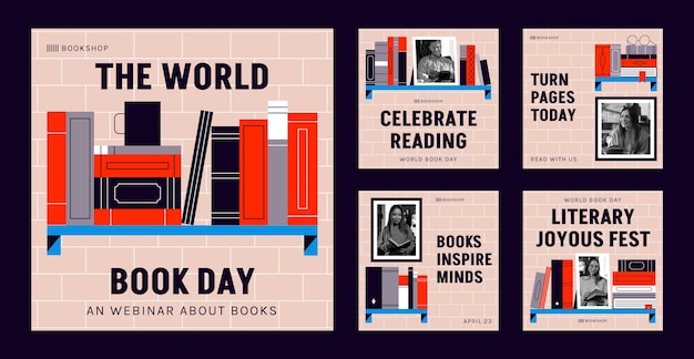 Vector flat instagram posts collection for world book day celebration