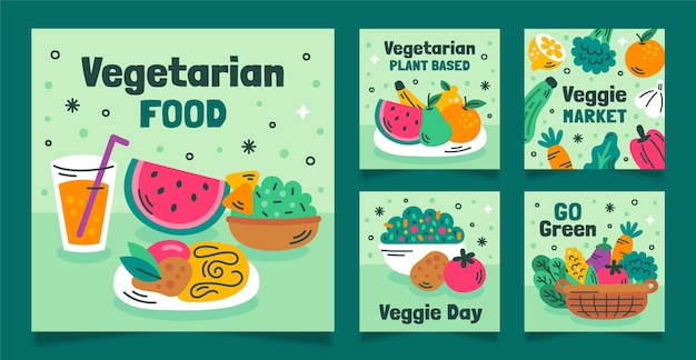 Collezione di post flat su instagram per la celebrazione della giornata mondiale dei vegetariani